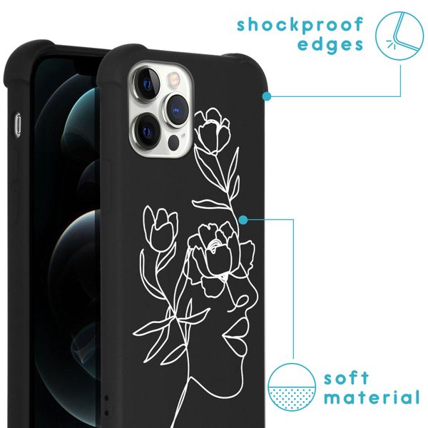 iMoshion Design hoesje met koord iPhone 12 (Pro) - Abstract Gezicht Bloem - Zwart