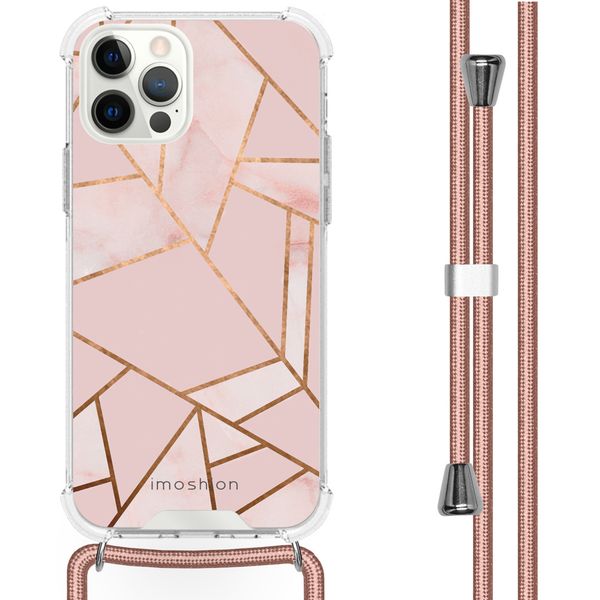 iMoshion Design hoesje met koord iPhone 12 (Pro) - Grafisch Koper - Roze / Goud