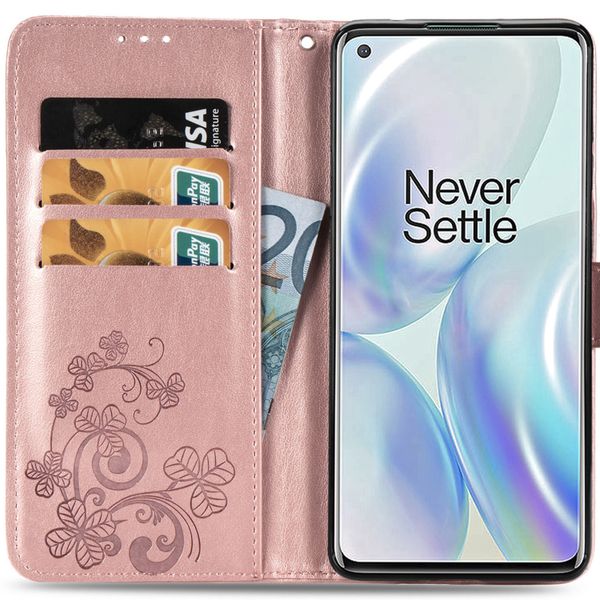 Klavertje Bloemen Bookcase OnePlus 8 - Rosé Goud