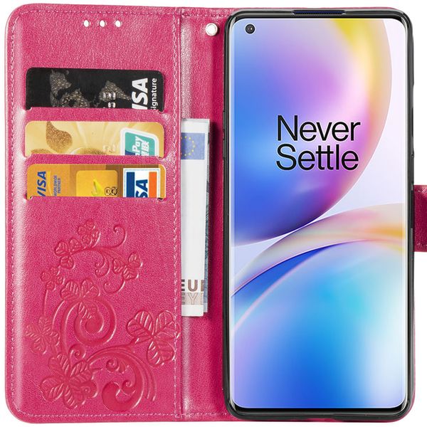 Klavertje Bloemen Bookcase OnePlus 8 Pro - Fuchsia