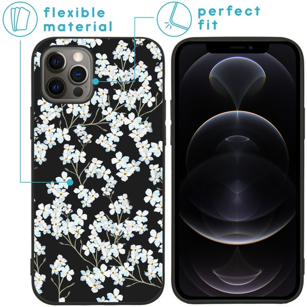 iMoshion Design hoesje iPhone 12 (Pro) - Bloem - Wit / Zwart